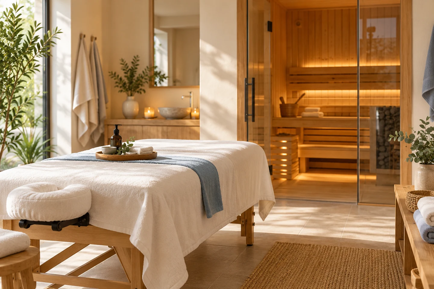 Stół do masażu i drewniana kabina sauny w spokojnej przestrzeni spa.