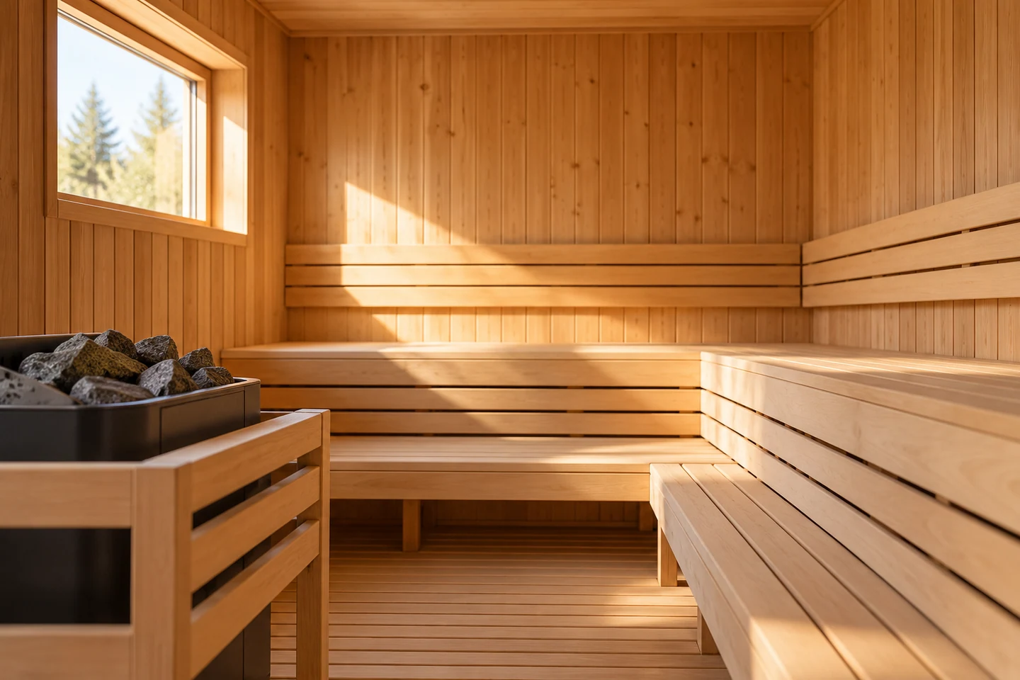 Een rustige houten sauna met zitbanken en een saunakachel.