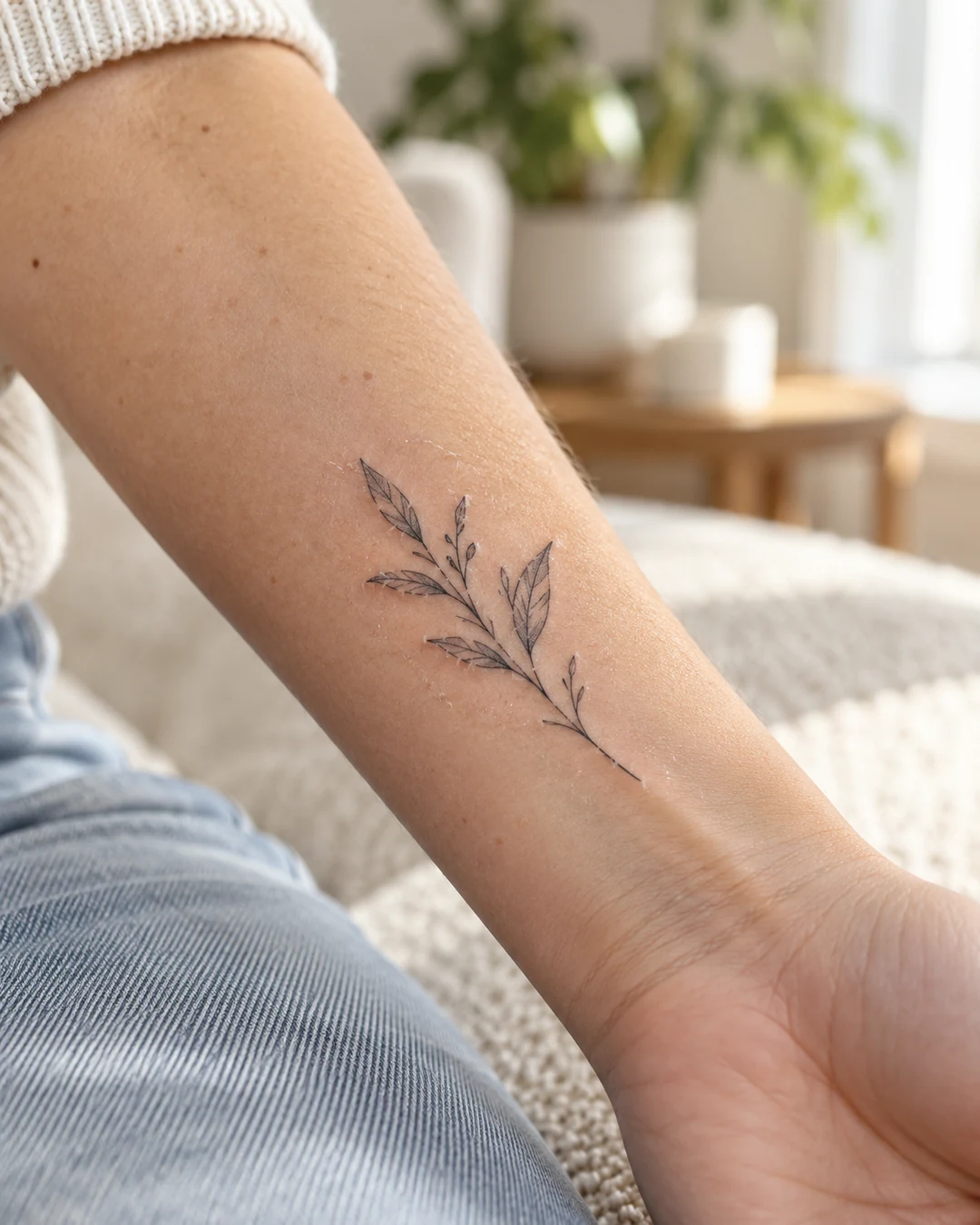 Een kleine tattoo op een onderarm met lichte vervelling.