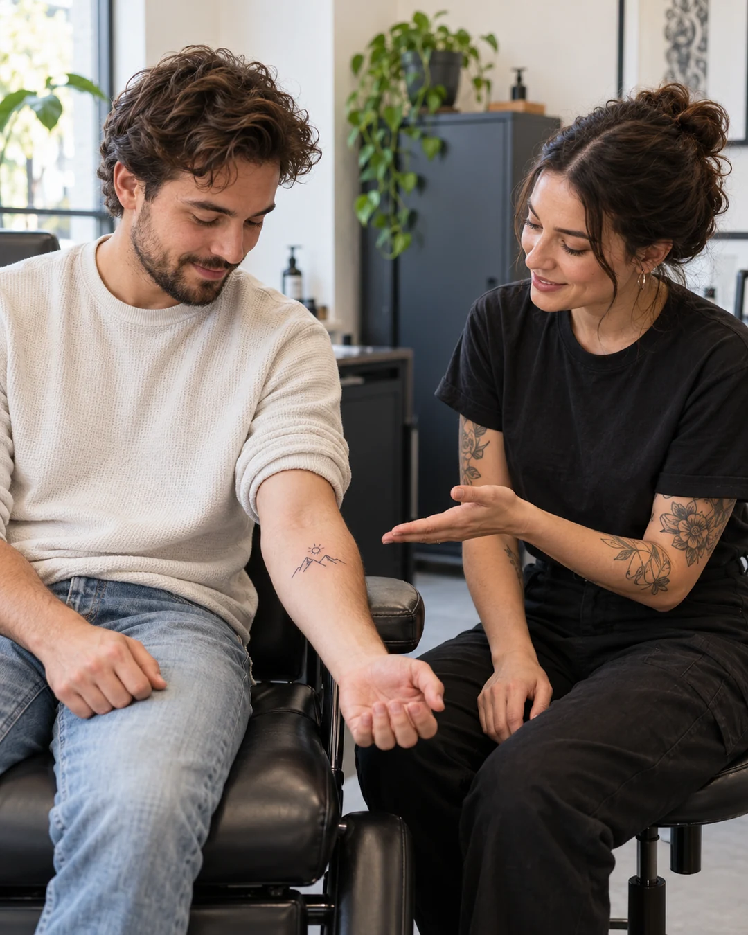 Twee personen bekijken samen een tattoo op een onderarm.