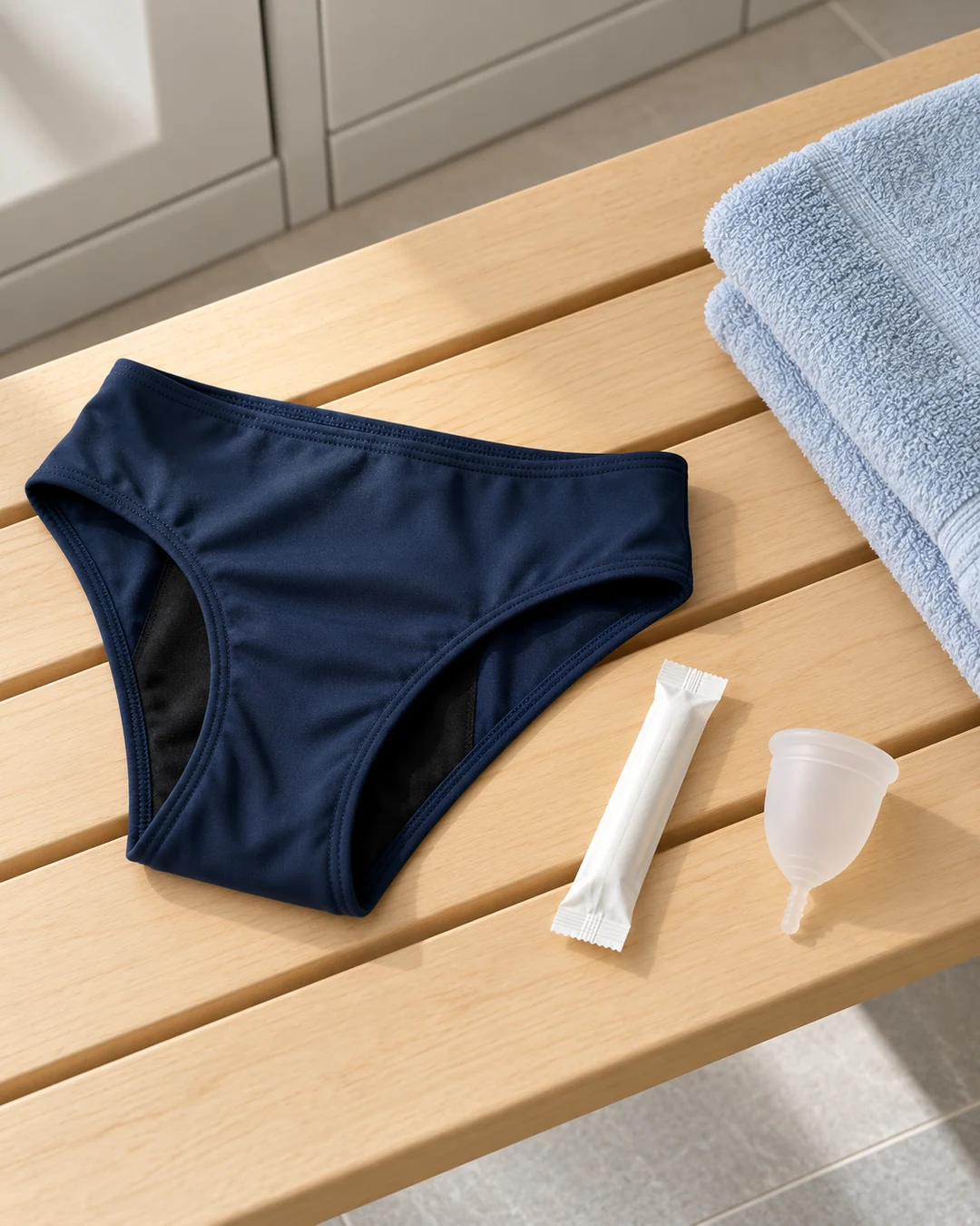 Een tampon, menstruatiecup en menstruatiebadkleding liggen naast elkaar.
