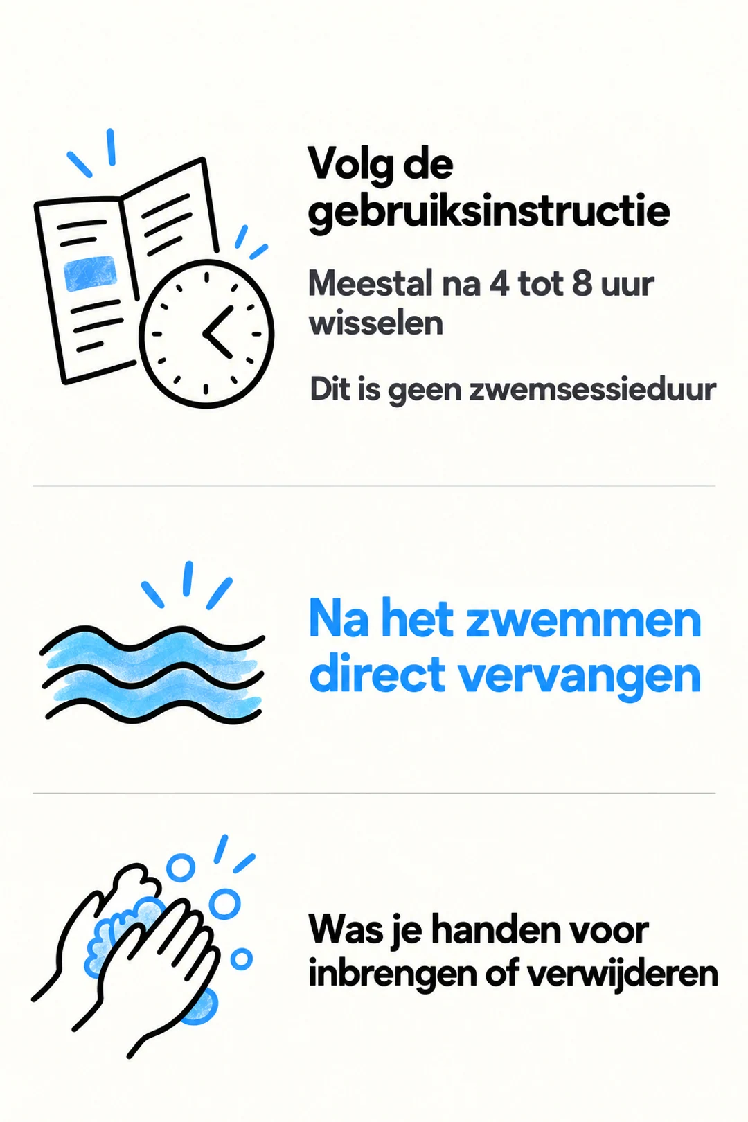 Infographic met de gewone wisselrichtlijn, handen wassen en direct vervangen na het zwemmen.