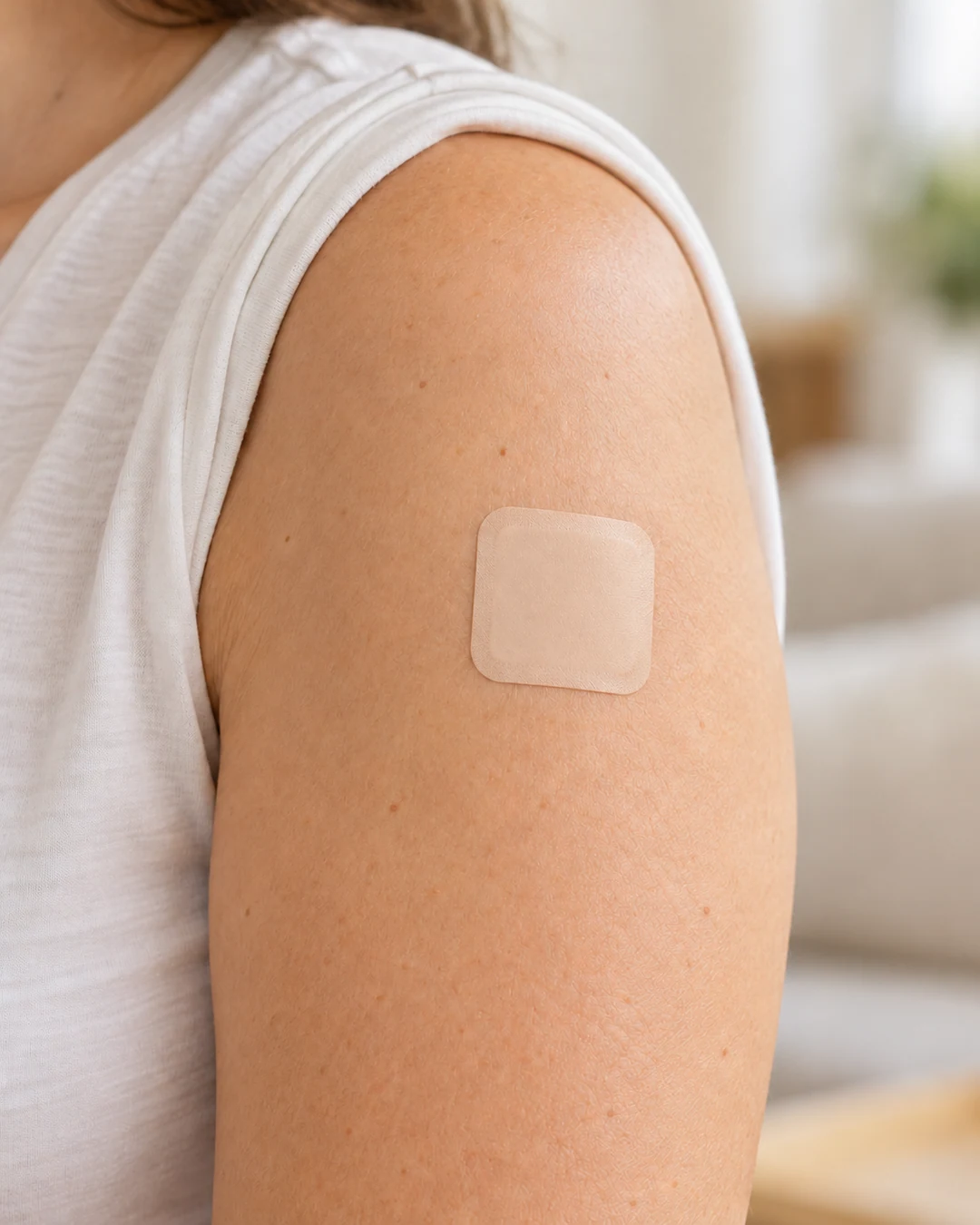 Jasny plaster na ramieniu na tle neutralnego, rozmytego wnętrza.