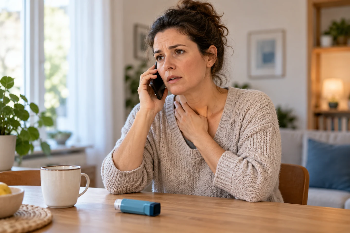 Een persoon telefoneert aan tafel, met een inhalator op tafel.