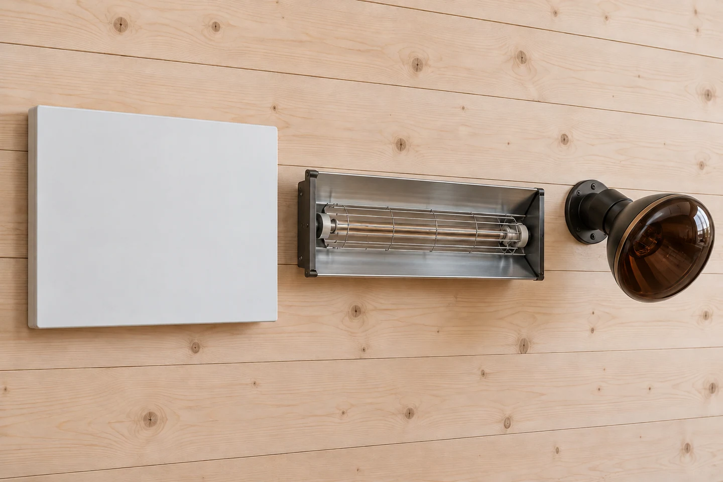 Een vlak wandpaneel, een staafstraler met reflector en een gefilterde lamp.