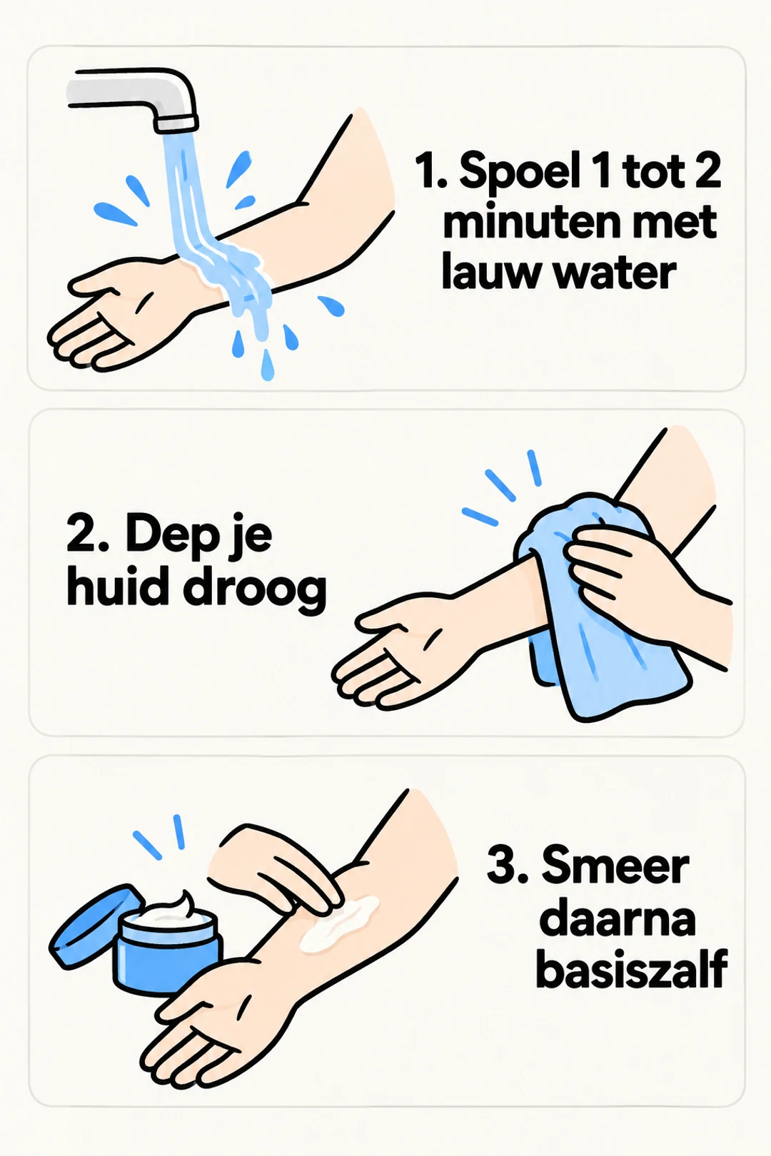 Drie stappen voor huidnazorg na zweten: lauw afspoelen, droogdeppen en basiszalf smeren.