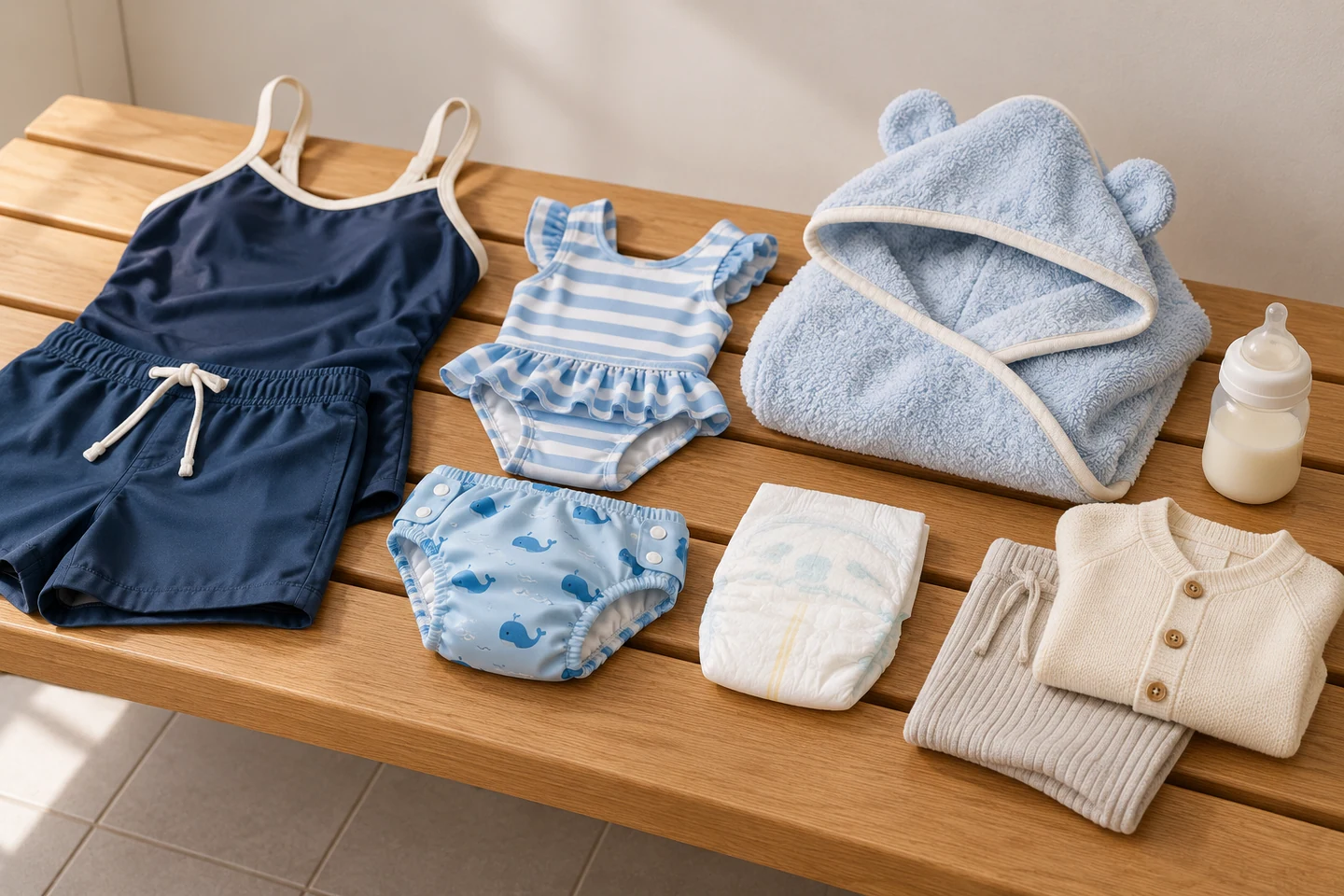 Zwemkleding, luiers, een handdoek en droge babykleding liggen klaar.