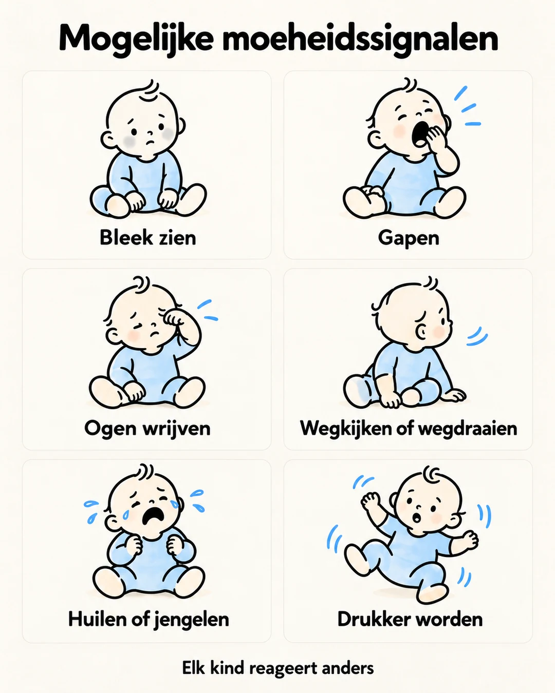 Zes eenvoudige tekeningen tonen mogelijke moeheidssignalen bij een baby.