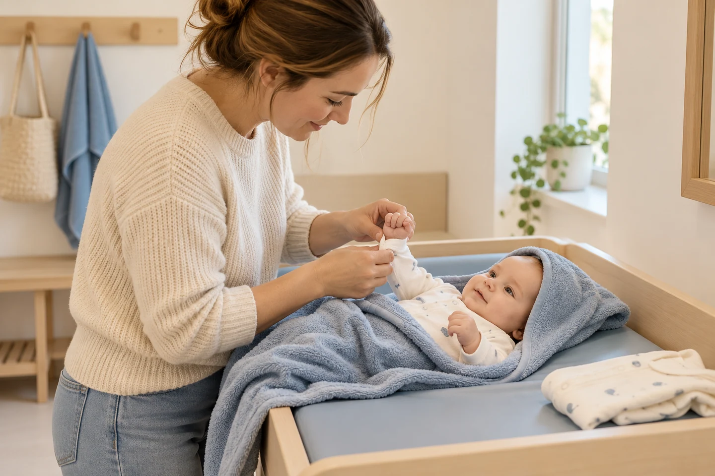 Een ouder droogt de baby af en trekt warme, droge kleding aan.