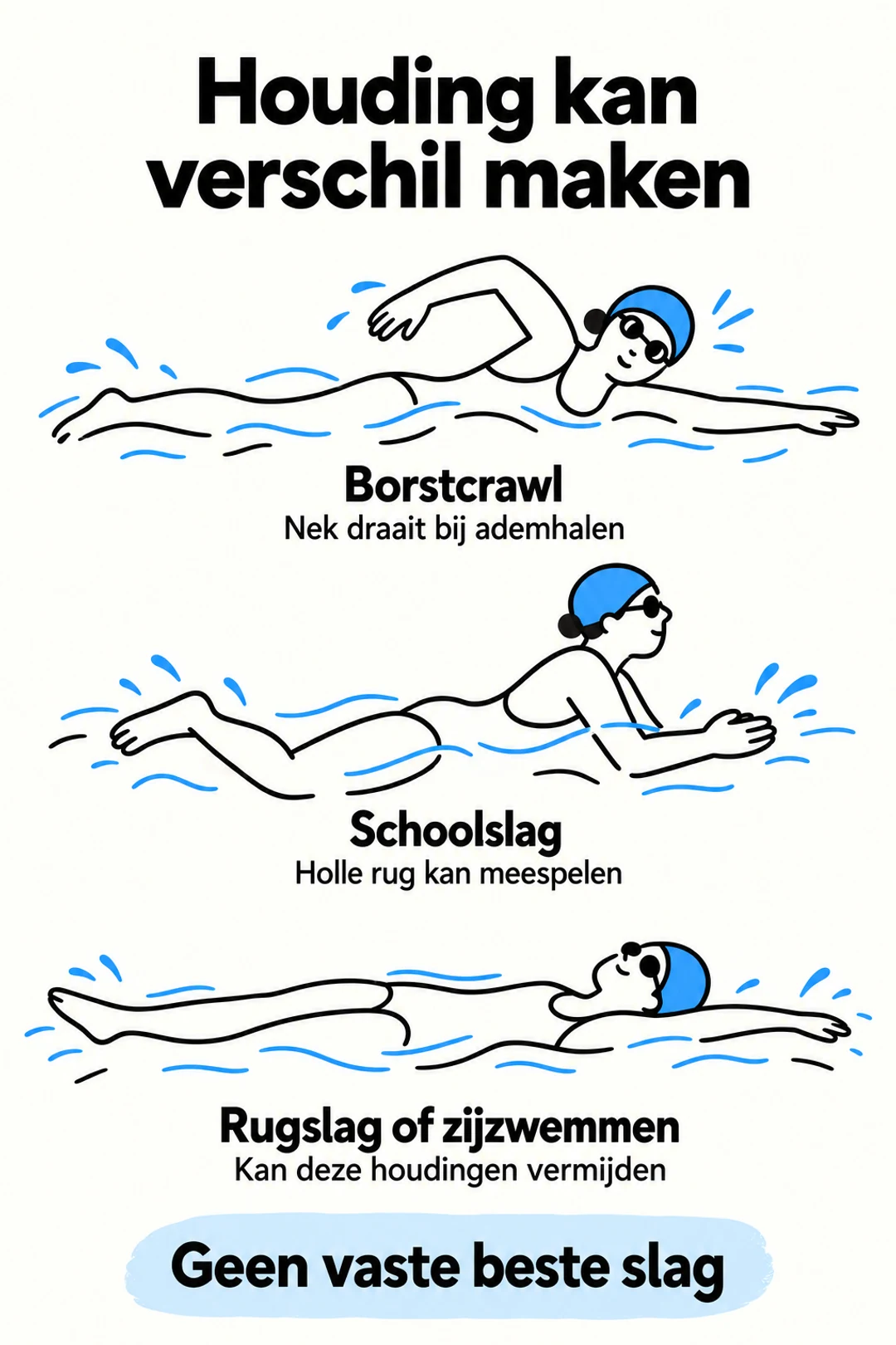 Handgetekende vergelijking van houdingsaandachtspunten bij drie zwemslagen.