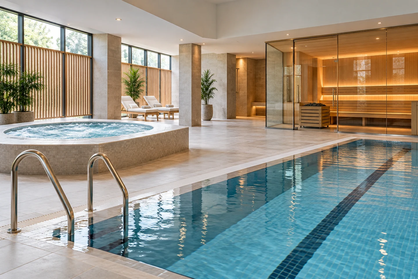 Basen, jacuzzi i sauna jako osobne strefy w ogólnym obiekcie wellness.