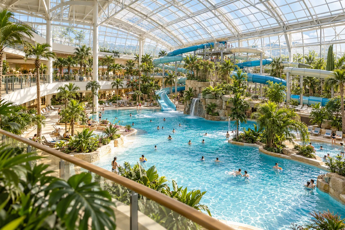 Kryty park wodny z basenem, zjeżdżalniami i przeszklonym dachem.