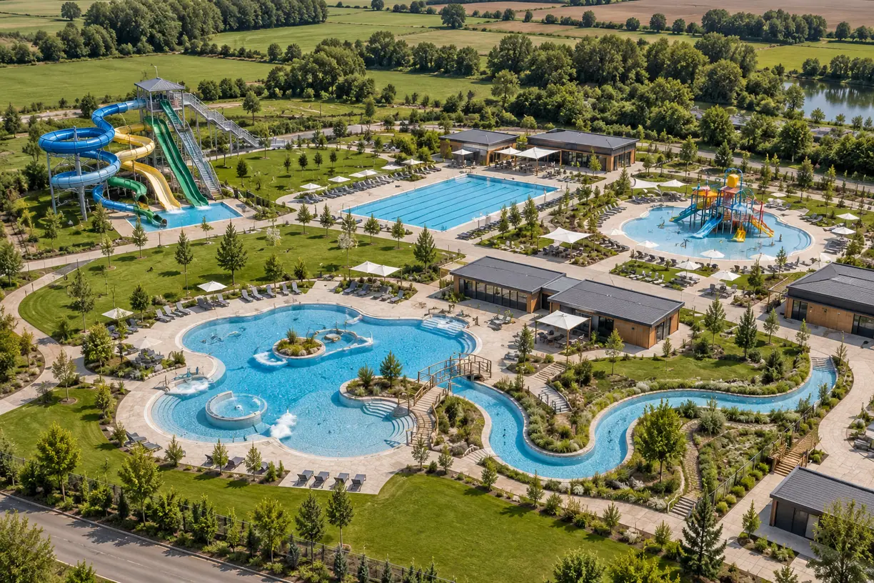 Widok z góry na otwarty park wodny z basenami i kilkoma strefami atrakcji.