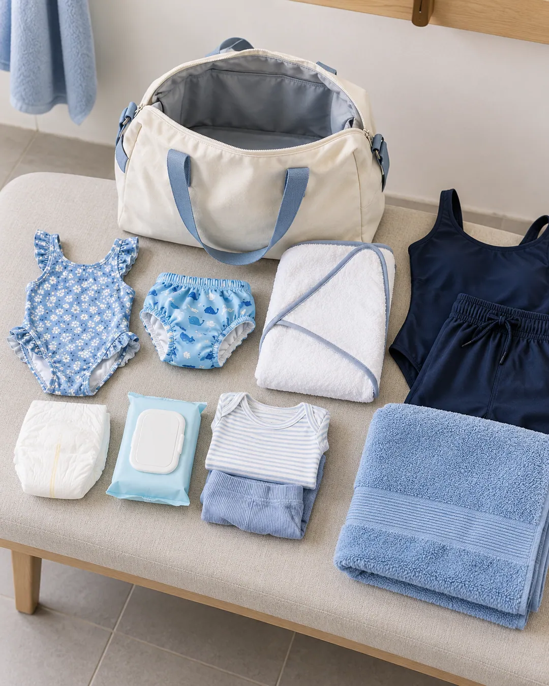 Een open zwemtas met daarnaast zwemkleding, een zwemluier, badcape, gewone luier, doekjes en droge kleding.