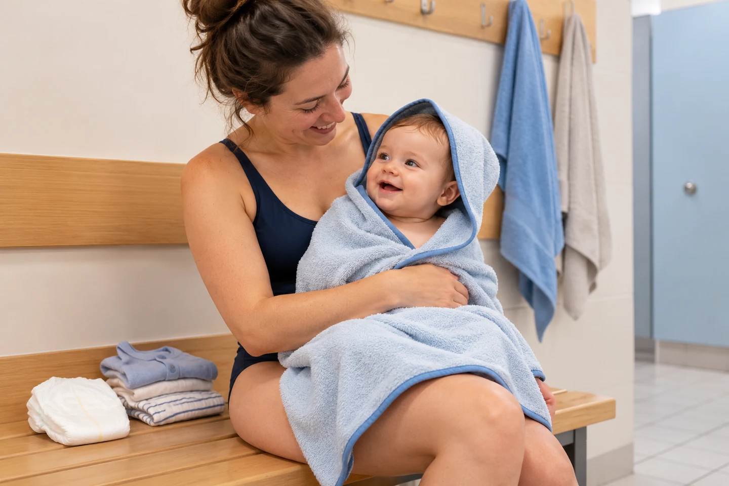 Een volwassene houdt een baby in een badcape vast; een luier en droge kleding liggen op de bank.