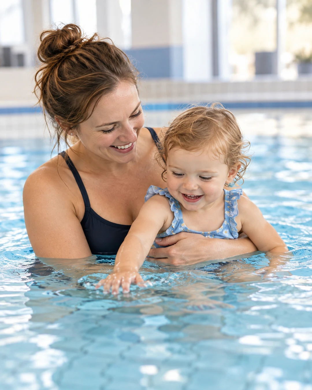 Een ouder ondersteunt een peuter terwijl het kind het water verkent.