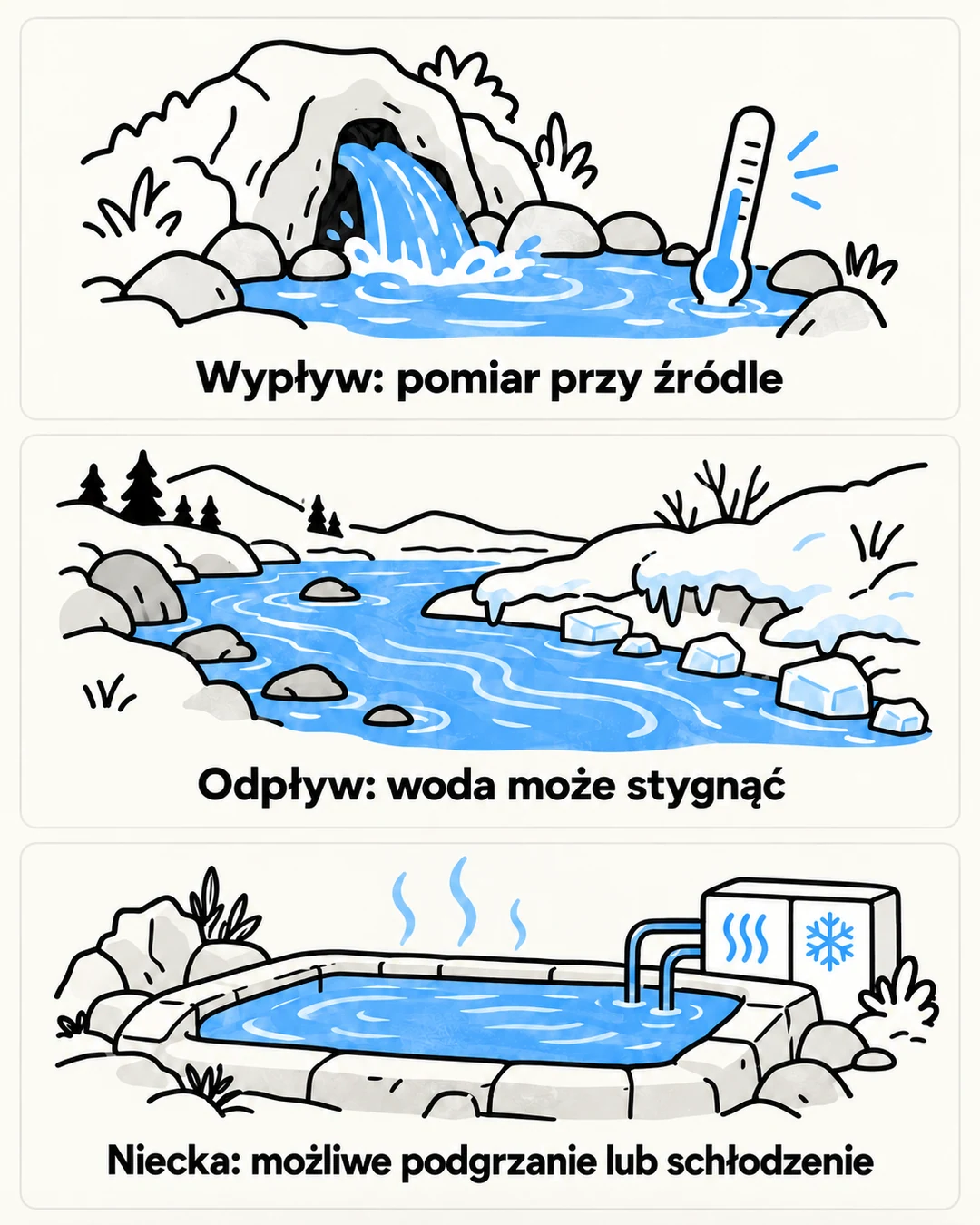 Schemat rozróżnia wypływ, odpływ i nieckę kąpielową.