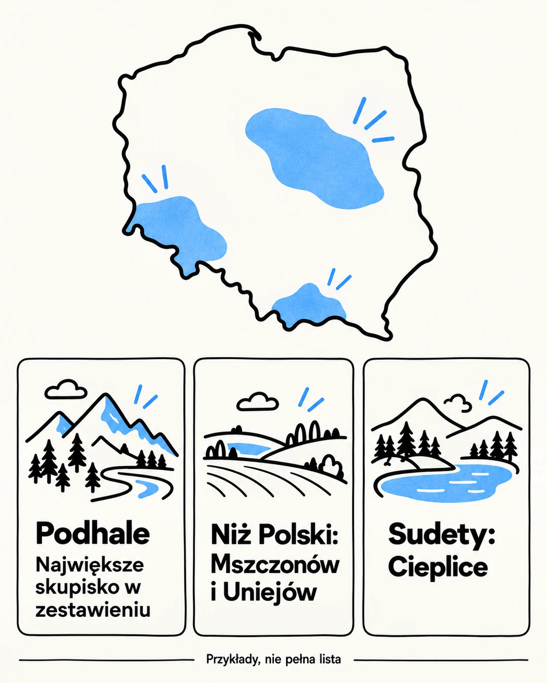Schemat Polski wskazujący Podhale, przykłady z Niżu Polskiego oraz Cieplice w Sudetach.