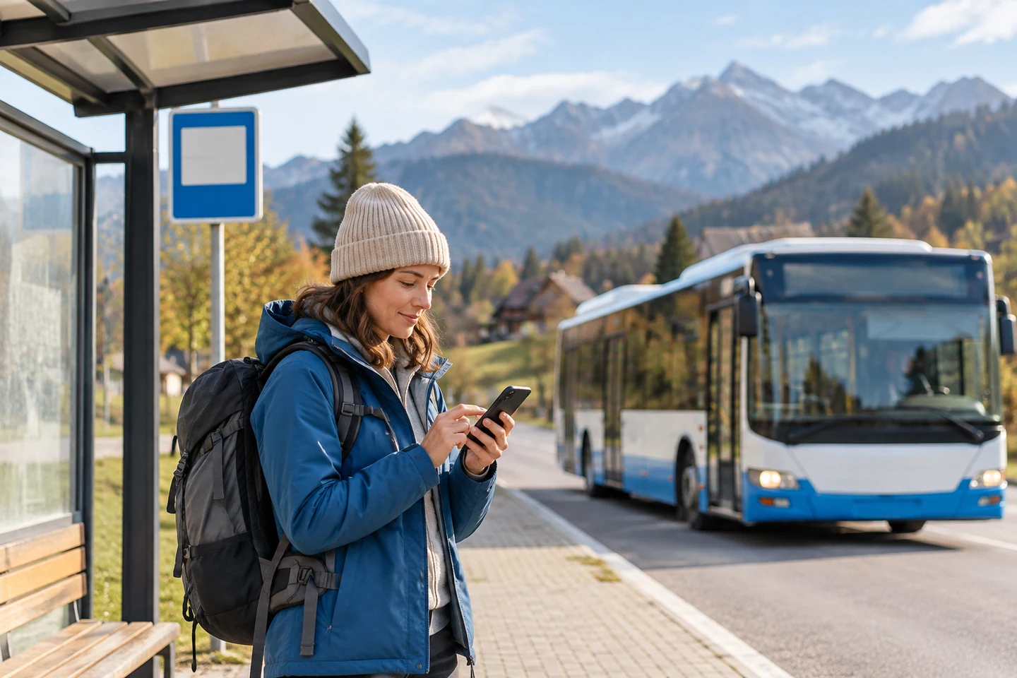 Podróżny sprawdza szczegóły dojazdu autobusem w górskiej miejscowości