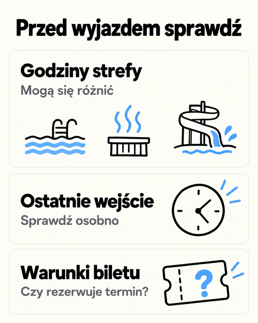 Plansza przypomina o sprawdzeniu godzin strefy, ostatniego wejścia i warunków biletu.
