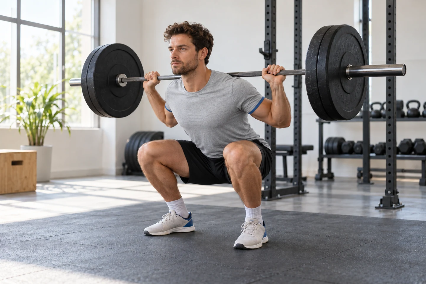 Een sporter doet een gecontroleerde squat met een halter.