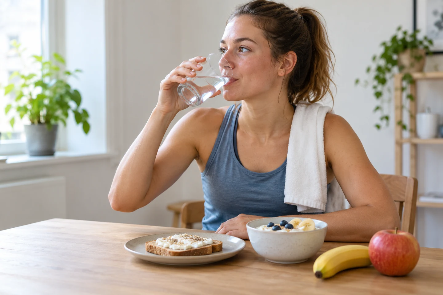 Een sporter drinkt water bij een eenvoudige maaltijd na de training.