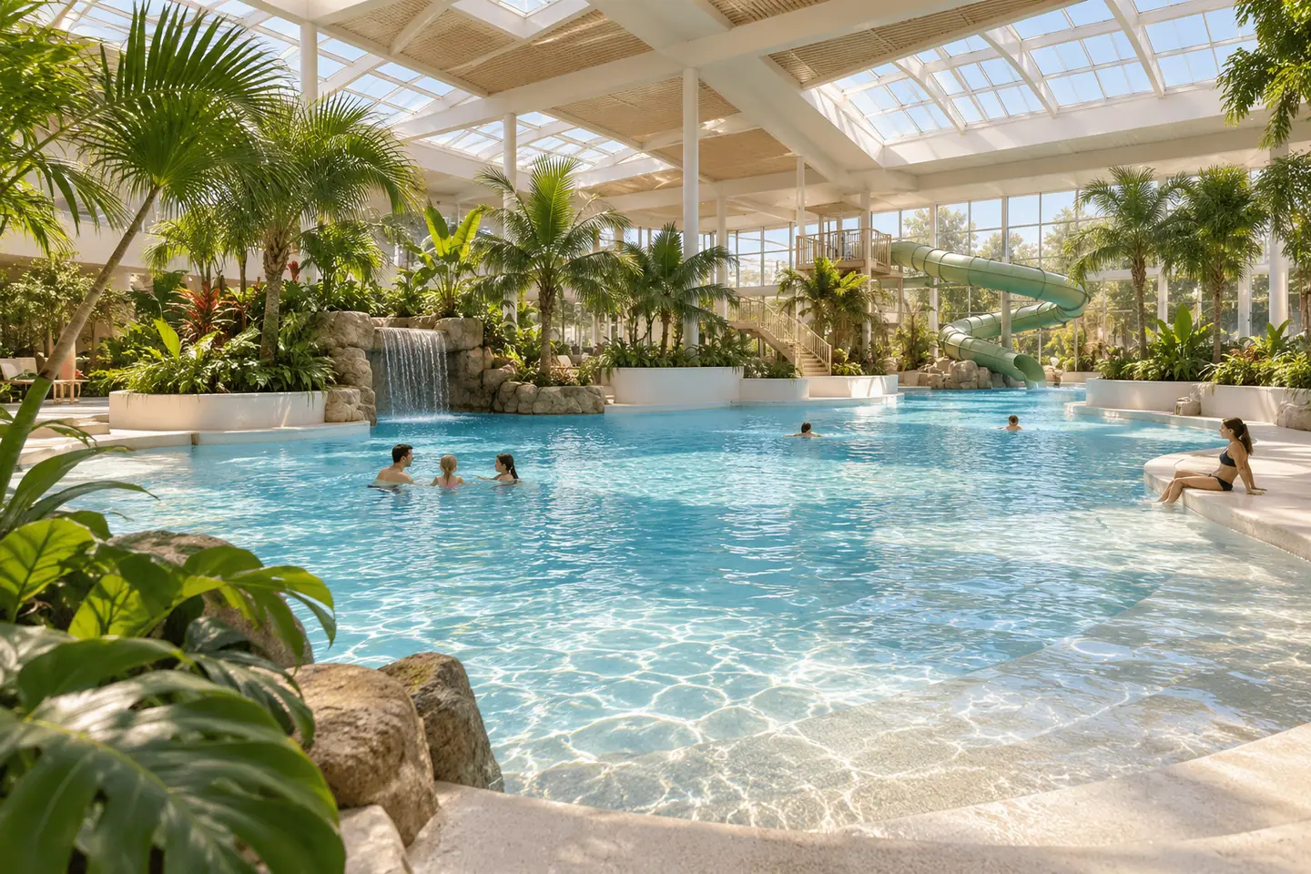 Overdekt recreatiebad met tropische planten onder een hoge hal.
