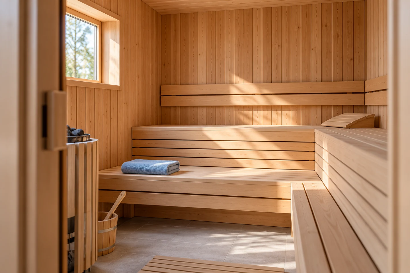 Lege sauna met houten banken en een lichtblauwe handdoek.