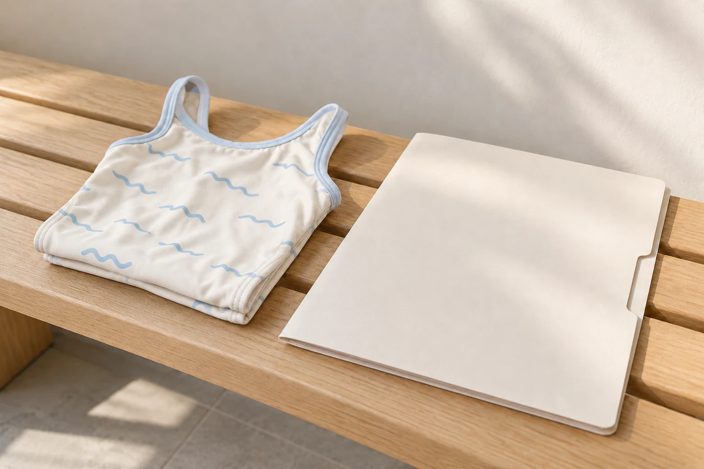 Een licht badpak met blauw patroon naast een blanco map op een houten bank
