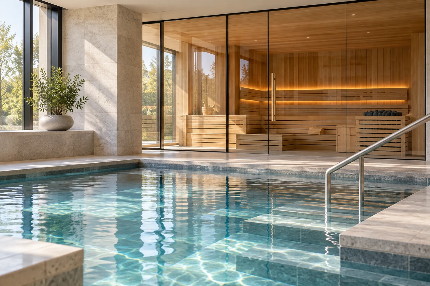 Thermaalbad met een aparte houten saunacabine achter glas