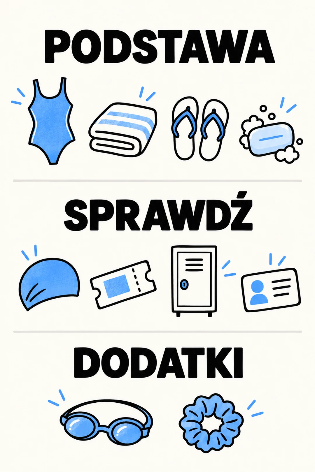 Pionowa plansza z trzema grupami ikon opisanymi: podstawa, sprawdź i dodatki.
