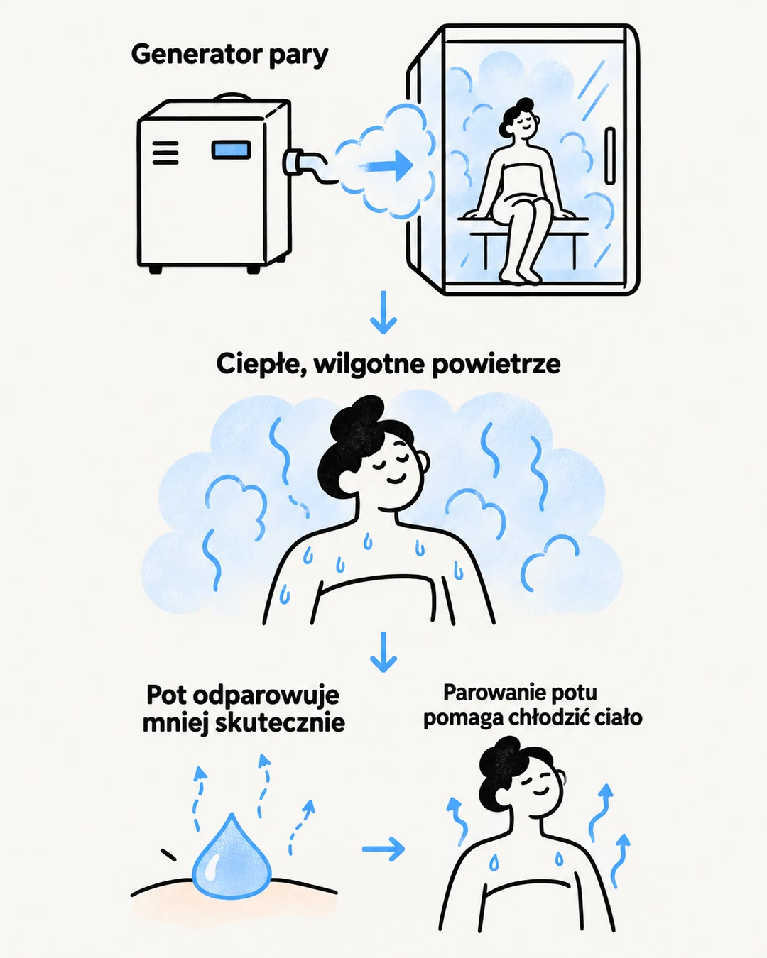 Schemat pokazujący, jak generator pary tworzy wilgotne powietrze i ogranicza parowanie potu