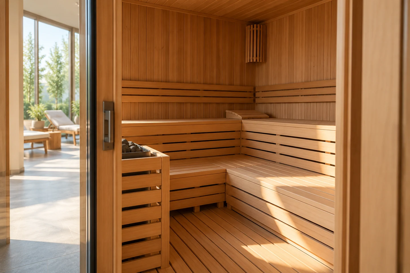 Pusta drewniana sauna widziana z progu.