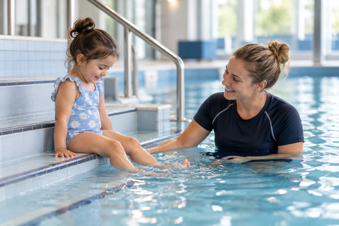 Een kind went op de zwembadtrap aan het water terwijl een zwemonderwijzer dichtbij blijft.