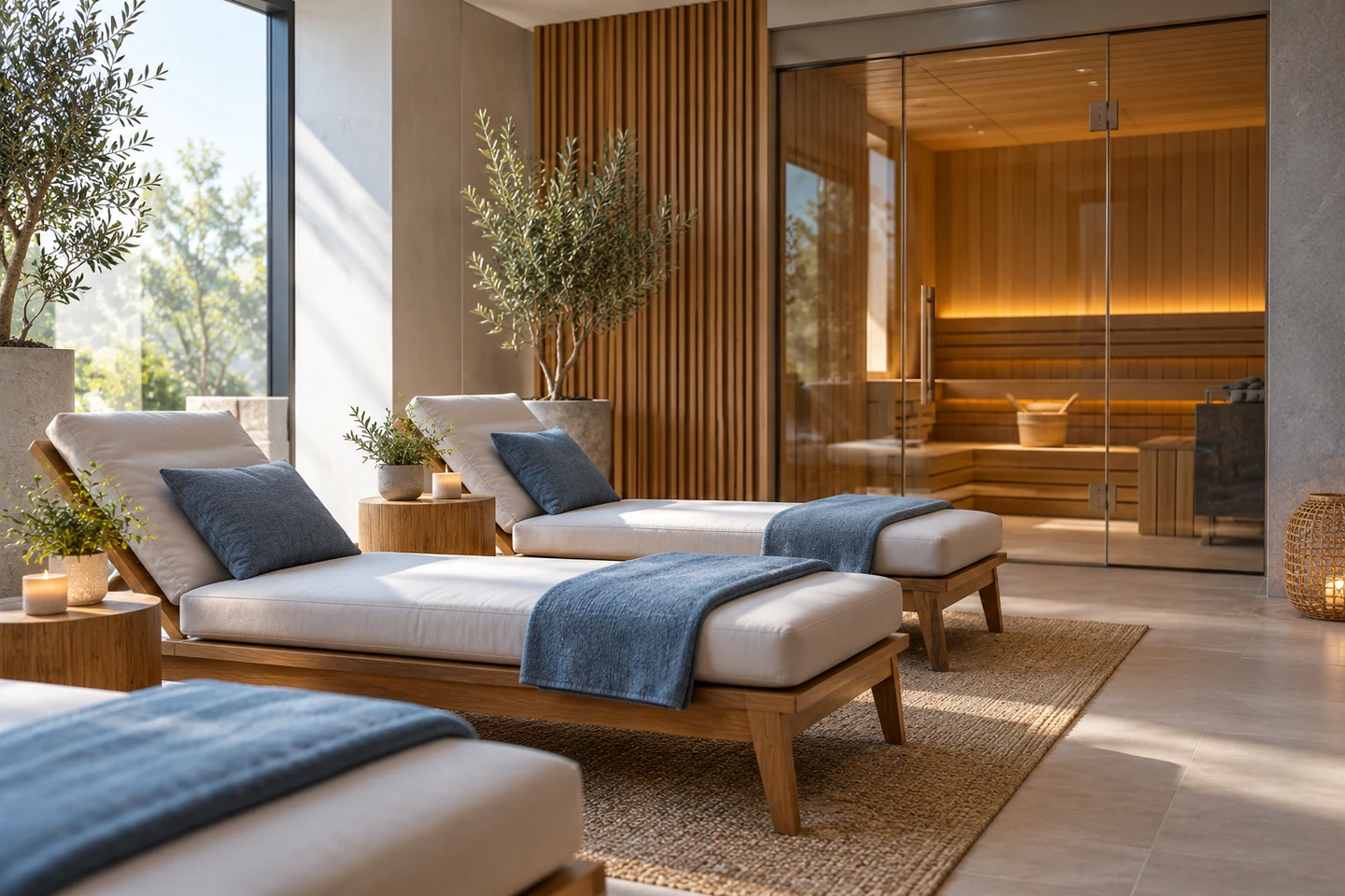 Rustruimte met ligstoelen en een houten sauna achter glas.