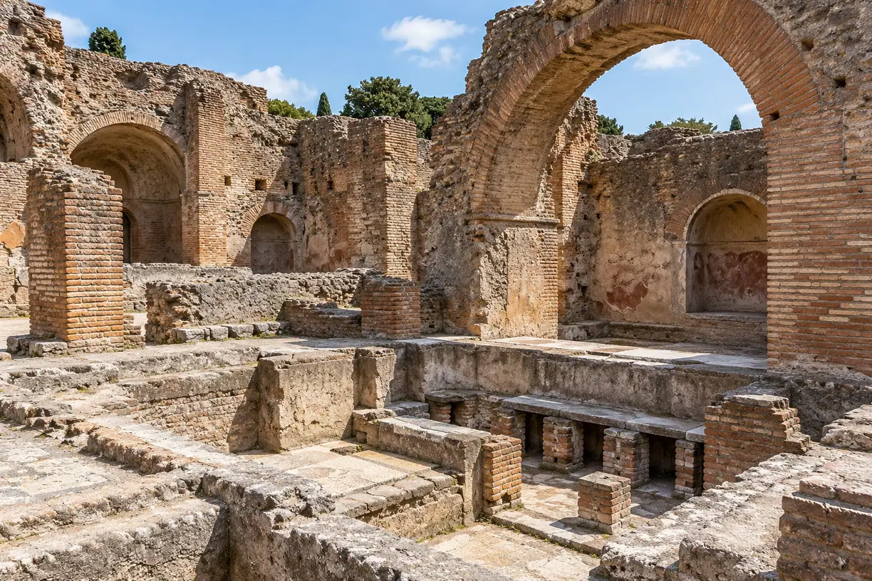 Archeologische resten van een Romeins badhuis met stenen bogen.