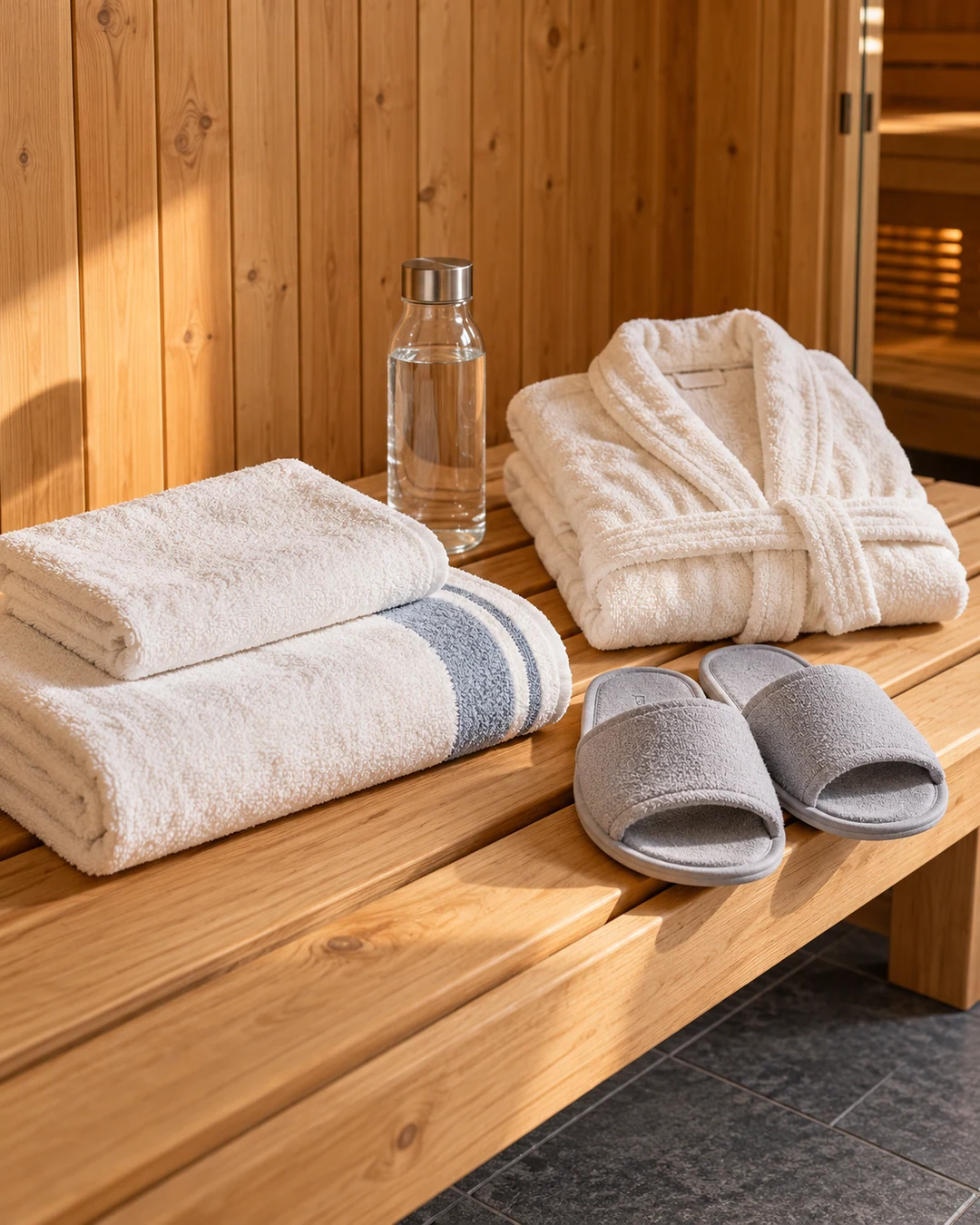 Handdoeken, badslippers, badjas en een fles water op een houten bankje.