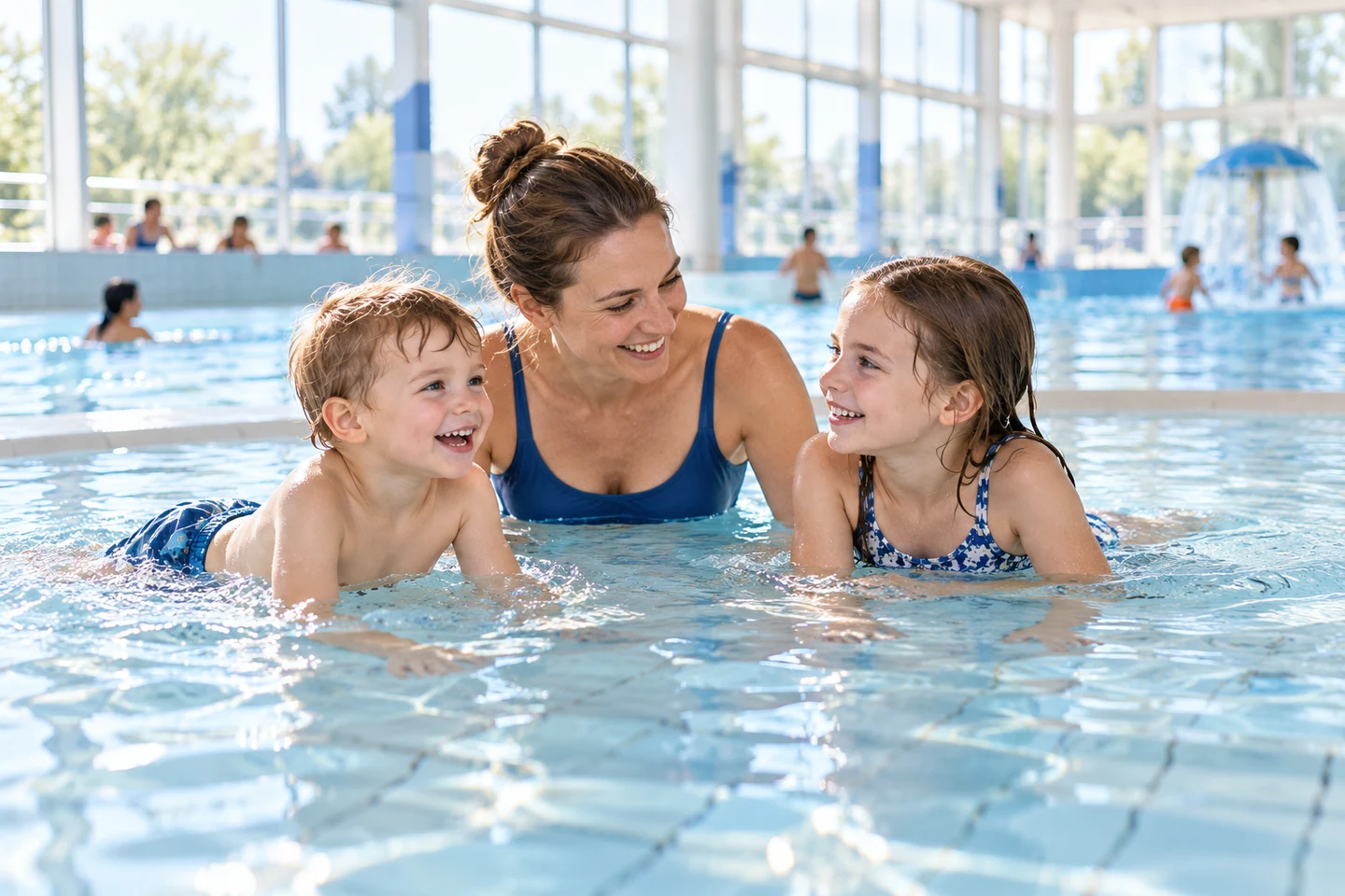 Een volwassene zwemt met twee kinderen in het ondiepe deel van een binnenbad.