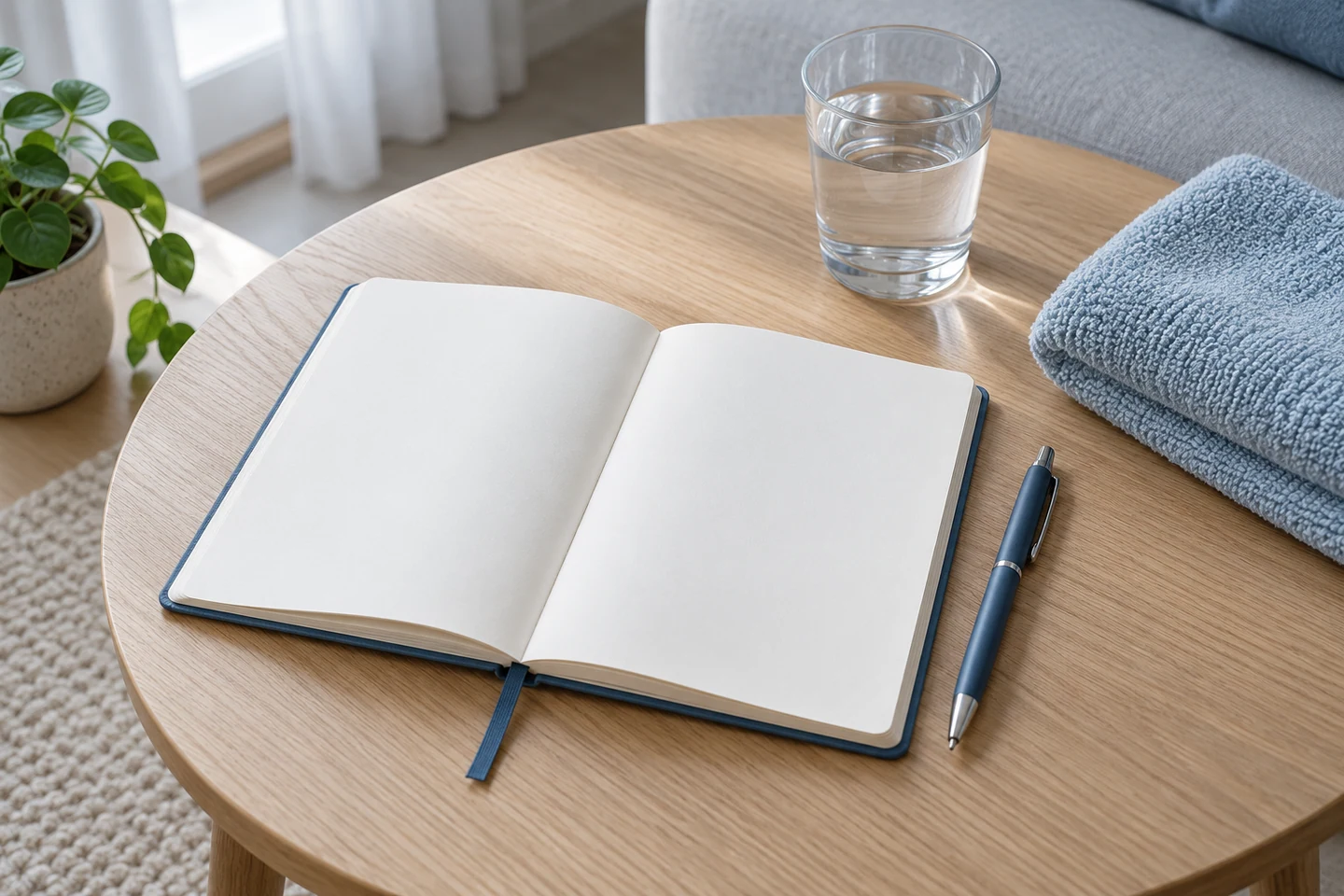 Otwarty notes z długopisem i szklanką wody na stoliku.