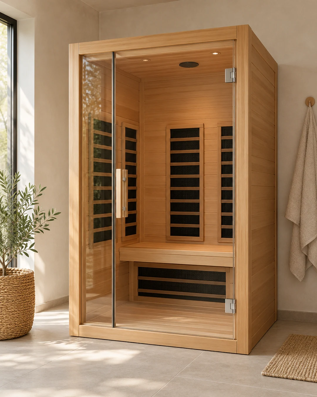 Een compacte infraroodcabine met een houten zitbank.