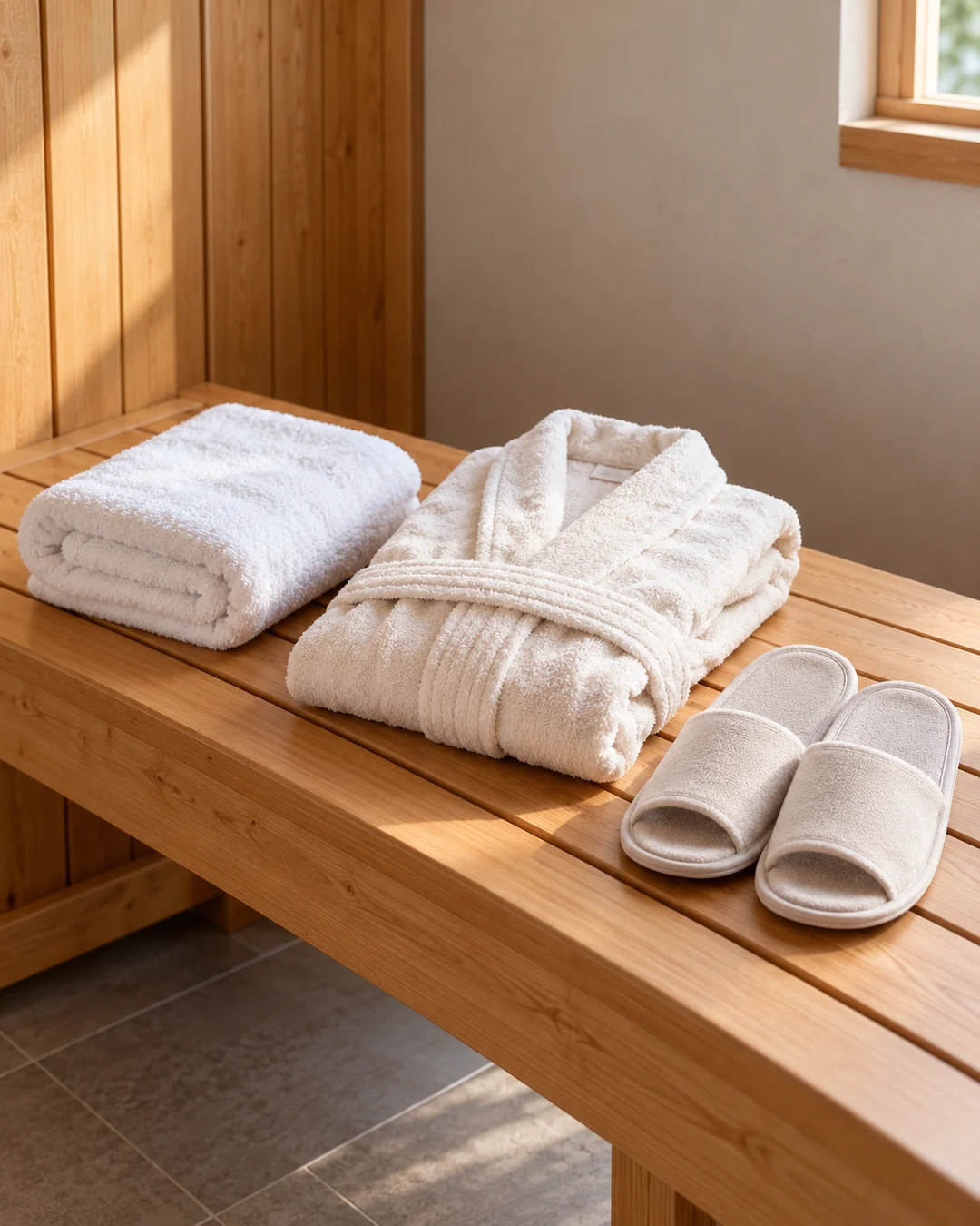 Een handdoek, badjas en slippers op een houten bank.