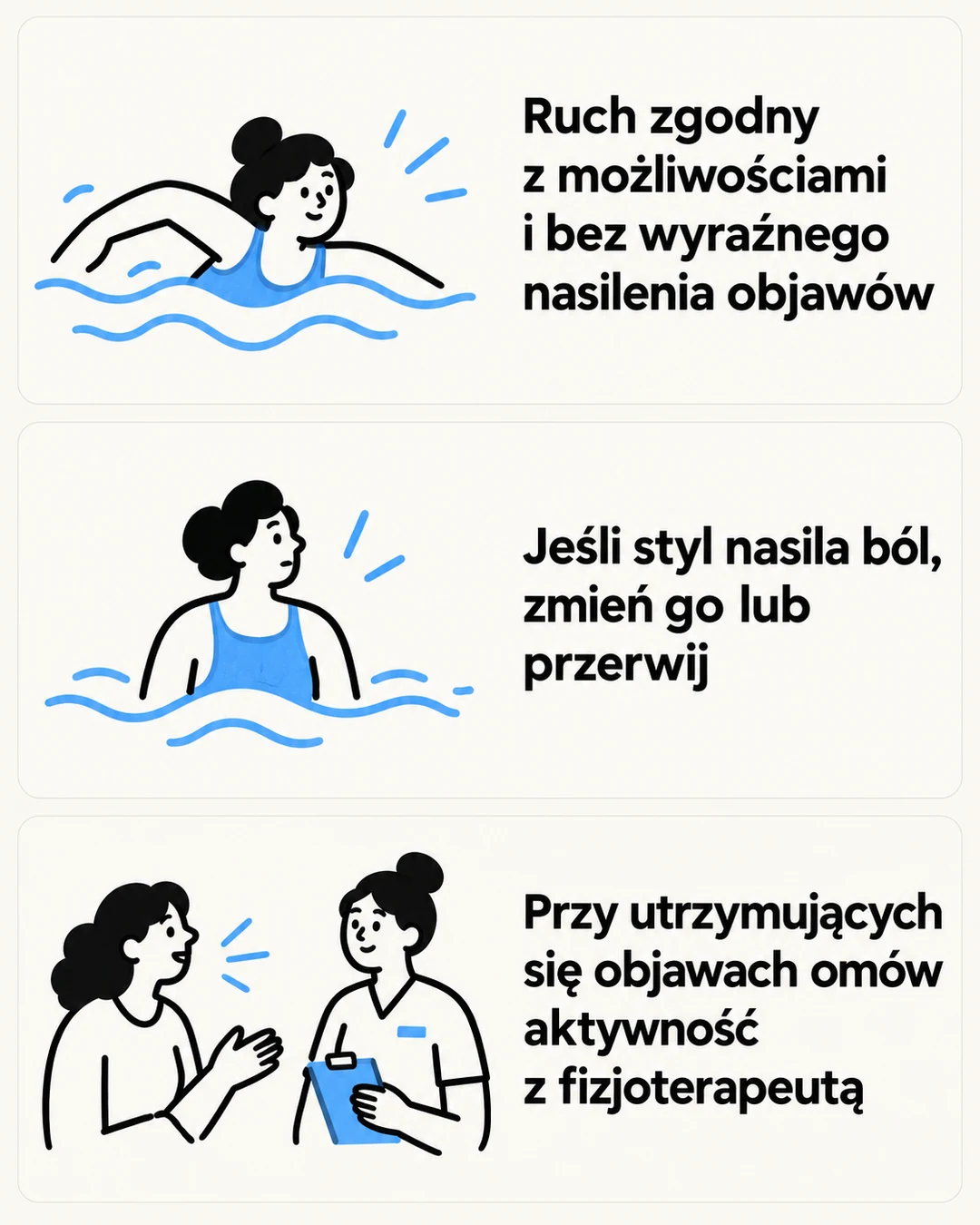Infografika przypomina, jak dopasować ruch i zareagować na nasilający się ból.