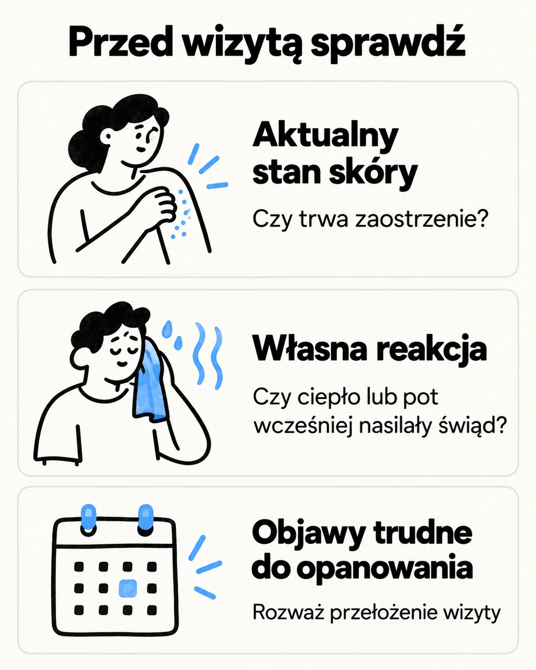 Infografika z trzema kwestiami do sprawdzenia przed wizytą w saunie: stanem skóry, wcześniejszym świądem i trudnymi objawami.