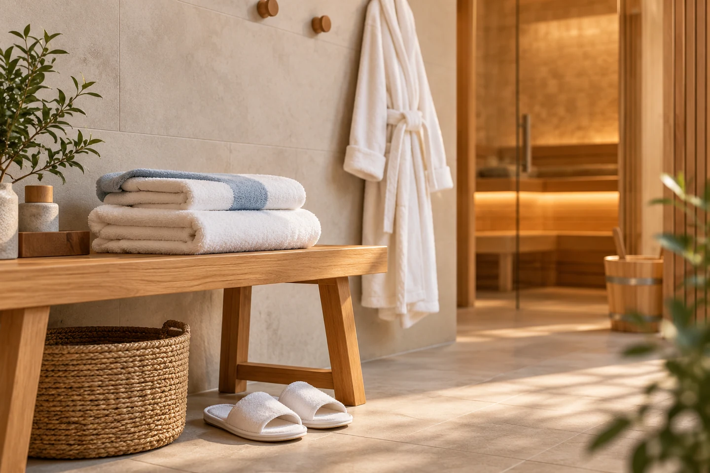 Een badjas, handdoeken en slippers liggen klaar in een rustige wellness kleedruimte.