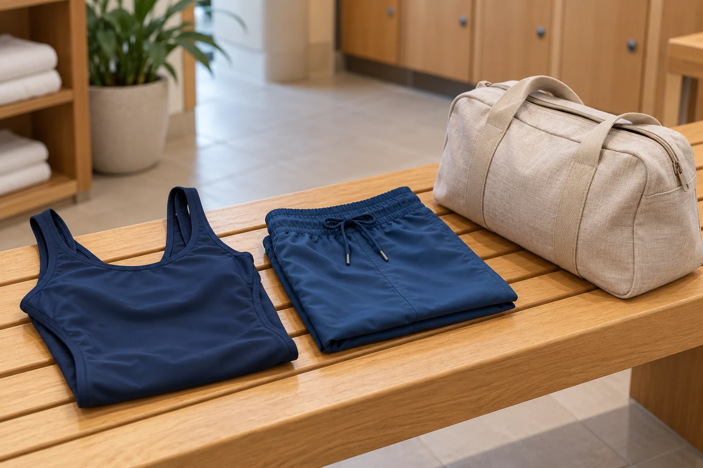 Een gevouwen badpak en zwembroek liggen naast een wellness tas.