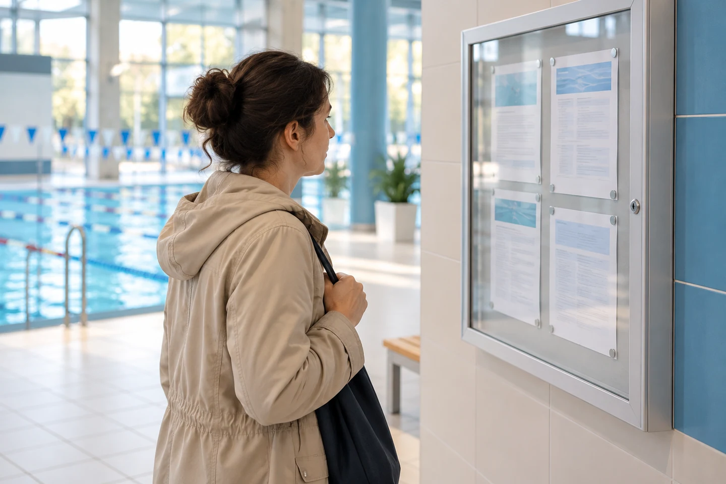 Osoba czyta nieczytelną kartkę w gablocie informacyjnej przy wejściu na basen.