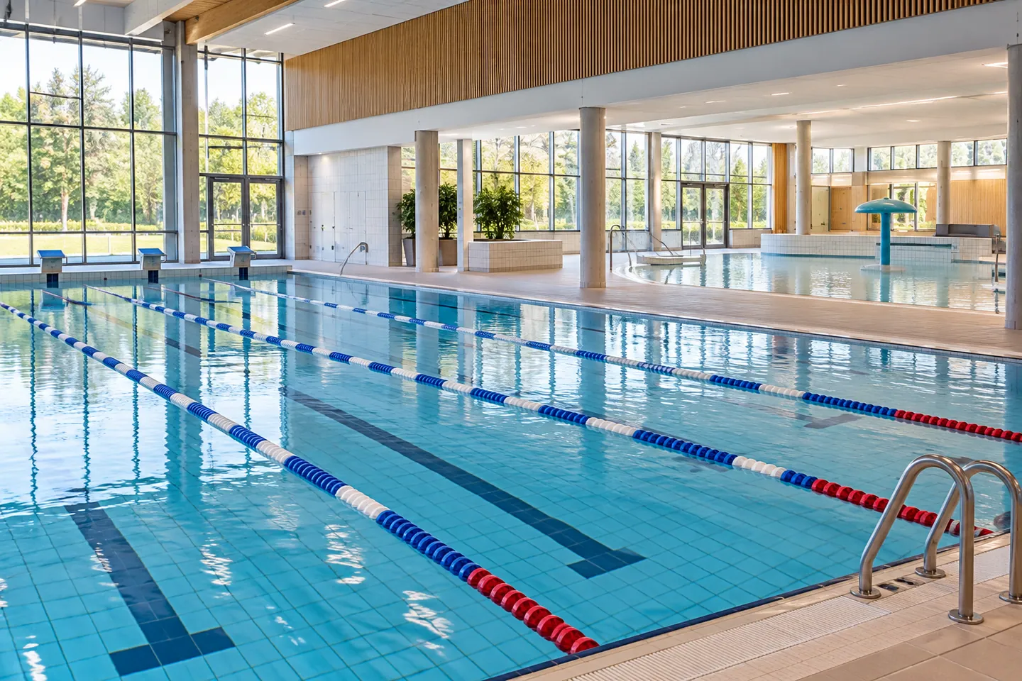 Een wedstrijdbassin met baanlijnen naast een ondieper instructie- of recreatiebassin.