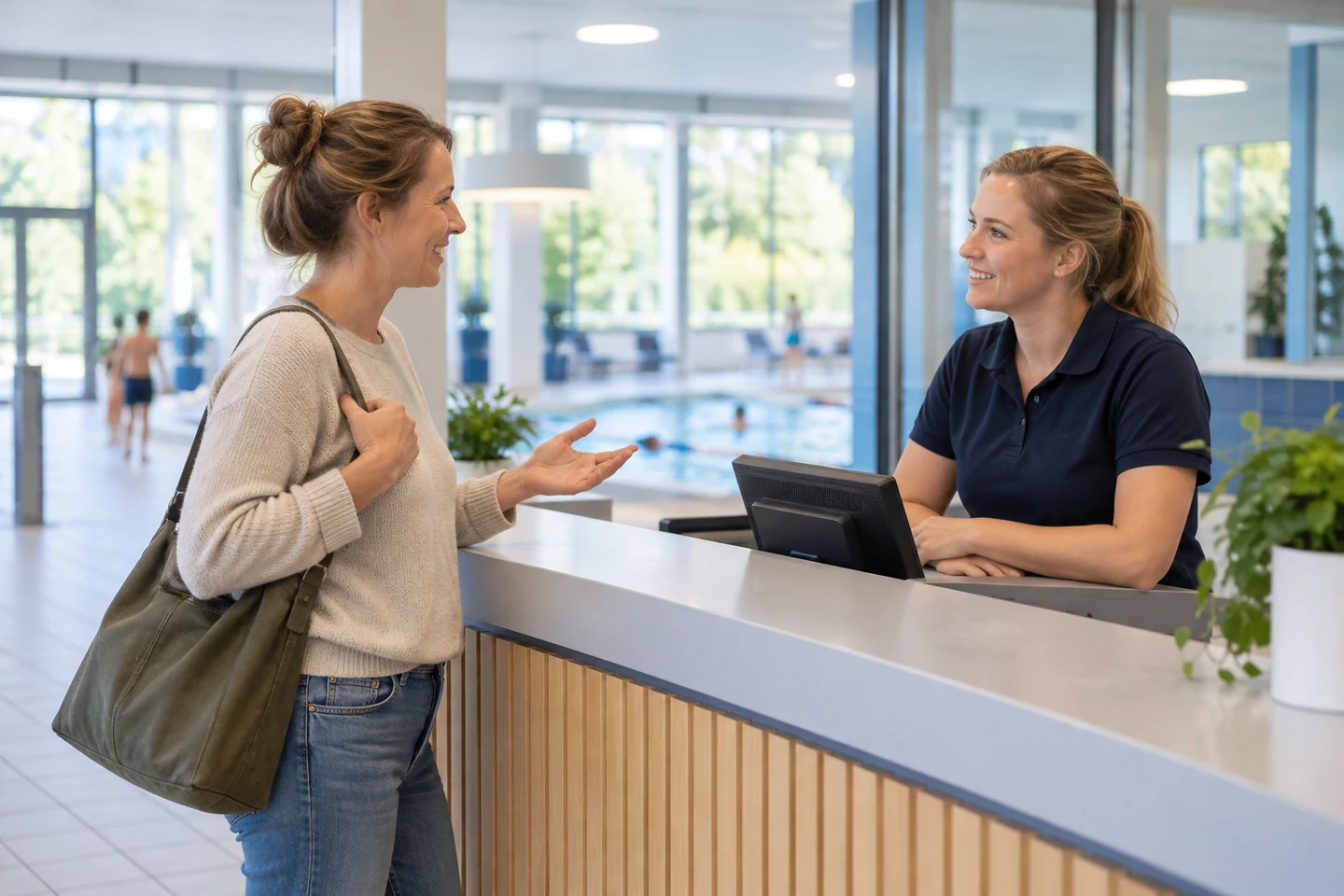 Een bezoeker praat met een medewerker bij de balie van een zwembad.