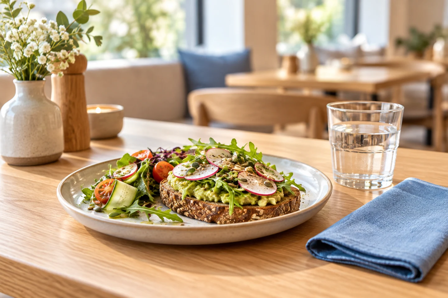 Een lunch met een glas water op een tafel in een rustige eetruimte.