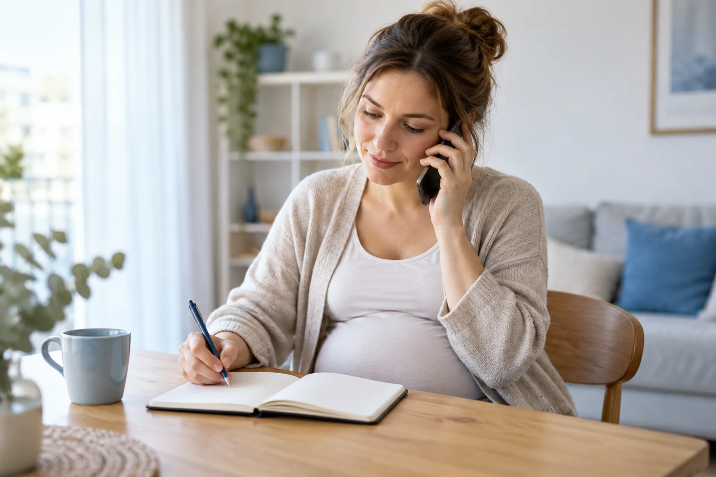 Kobieta w ciąży rozmawia przez telefon przy otwartym notesie.